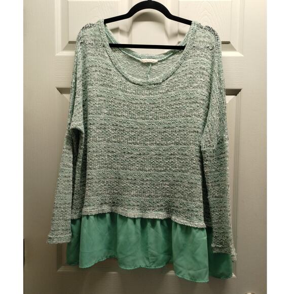 Entro Women Size Large Open Knit Mint Green Flounce Hem Oversize Long Sleeve Top - Picture 1 of 6